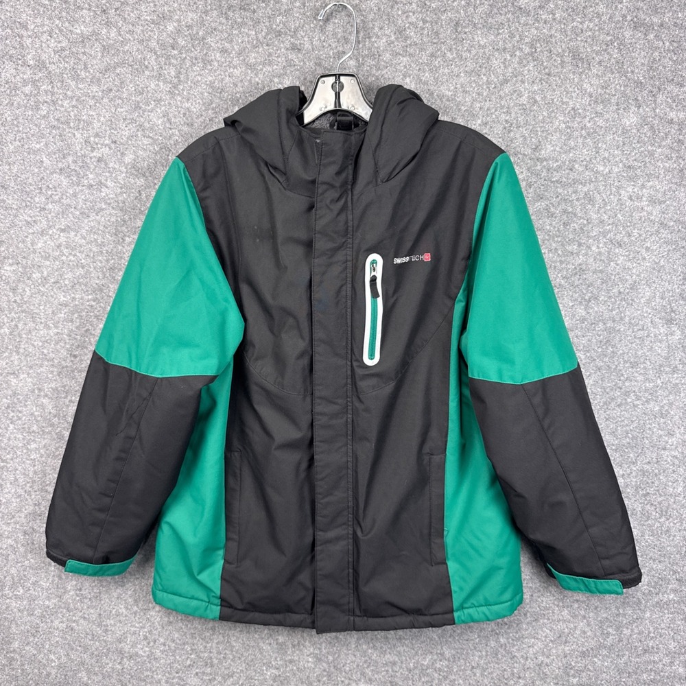 Swiss Tech Hooded Winter Jacket Size XXL 18 Black Green Fleece Lined Puffer Coat